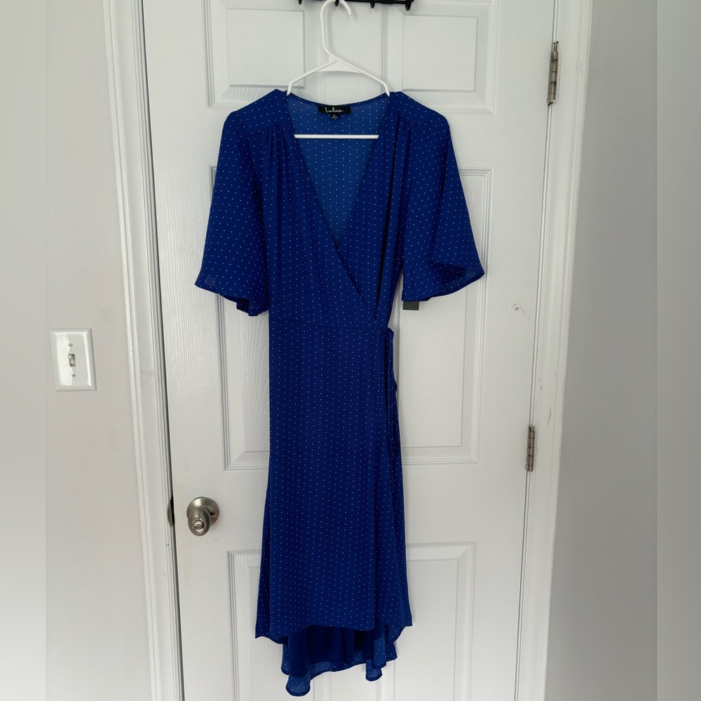 Lulus Blue Polka Dot High Low Wrap Dress